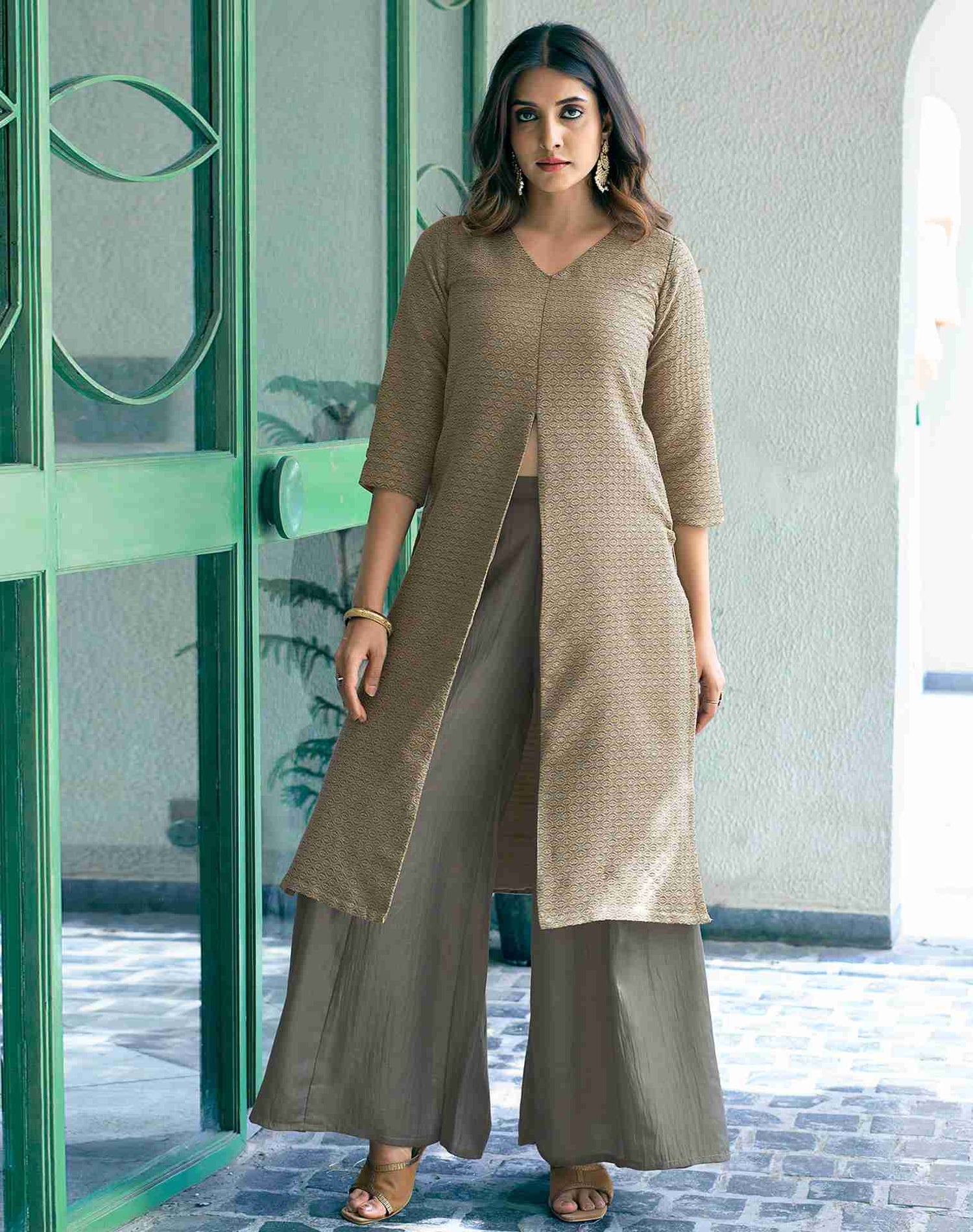 Beige Woven Chinnon A-Line Kurta With Pant And Dupatta