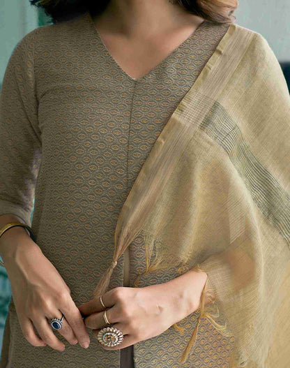 Beige Woven Chinnon A-Line Kurta With Pant And Dupatta