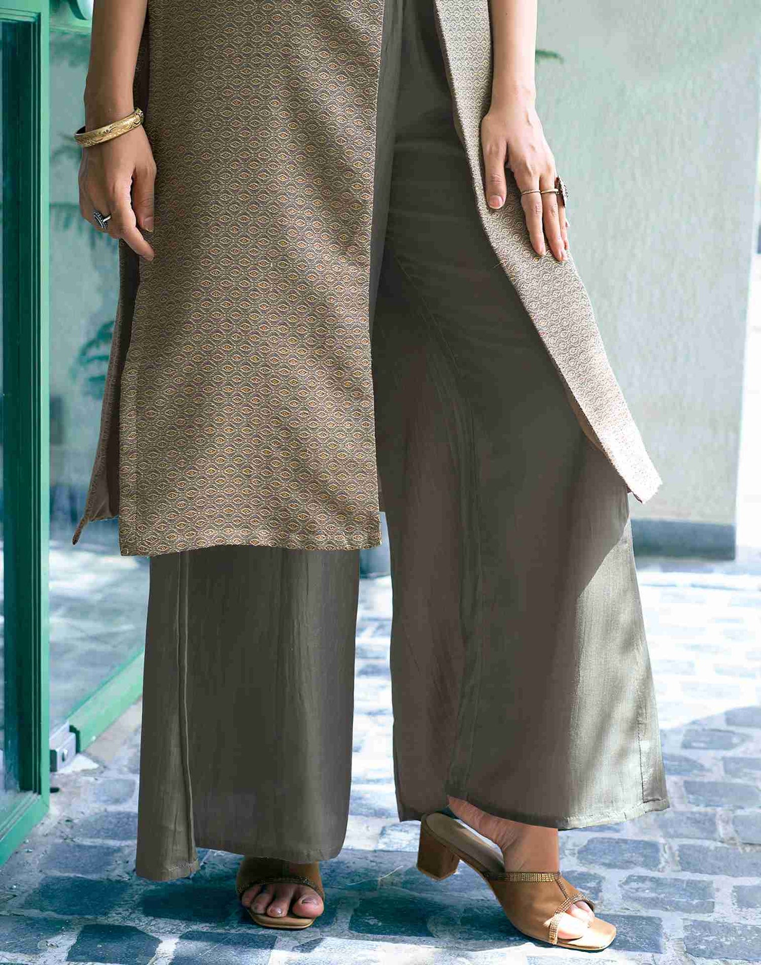 Beige Woven Chinnon A-Line Kurta With Pant And Dupatta