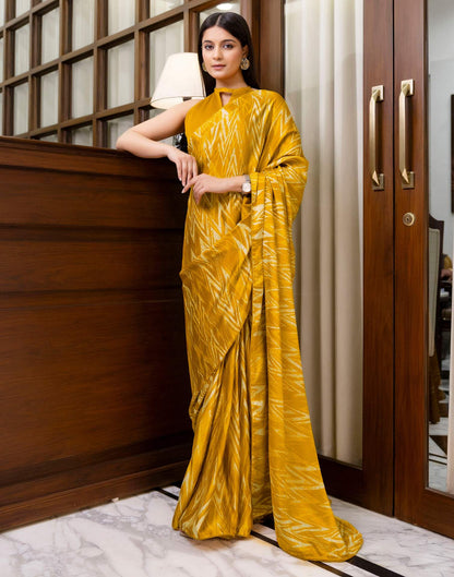 Ready To Wear Brown Yellow Chinnon Printed Saree