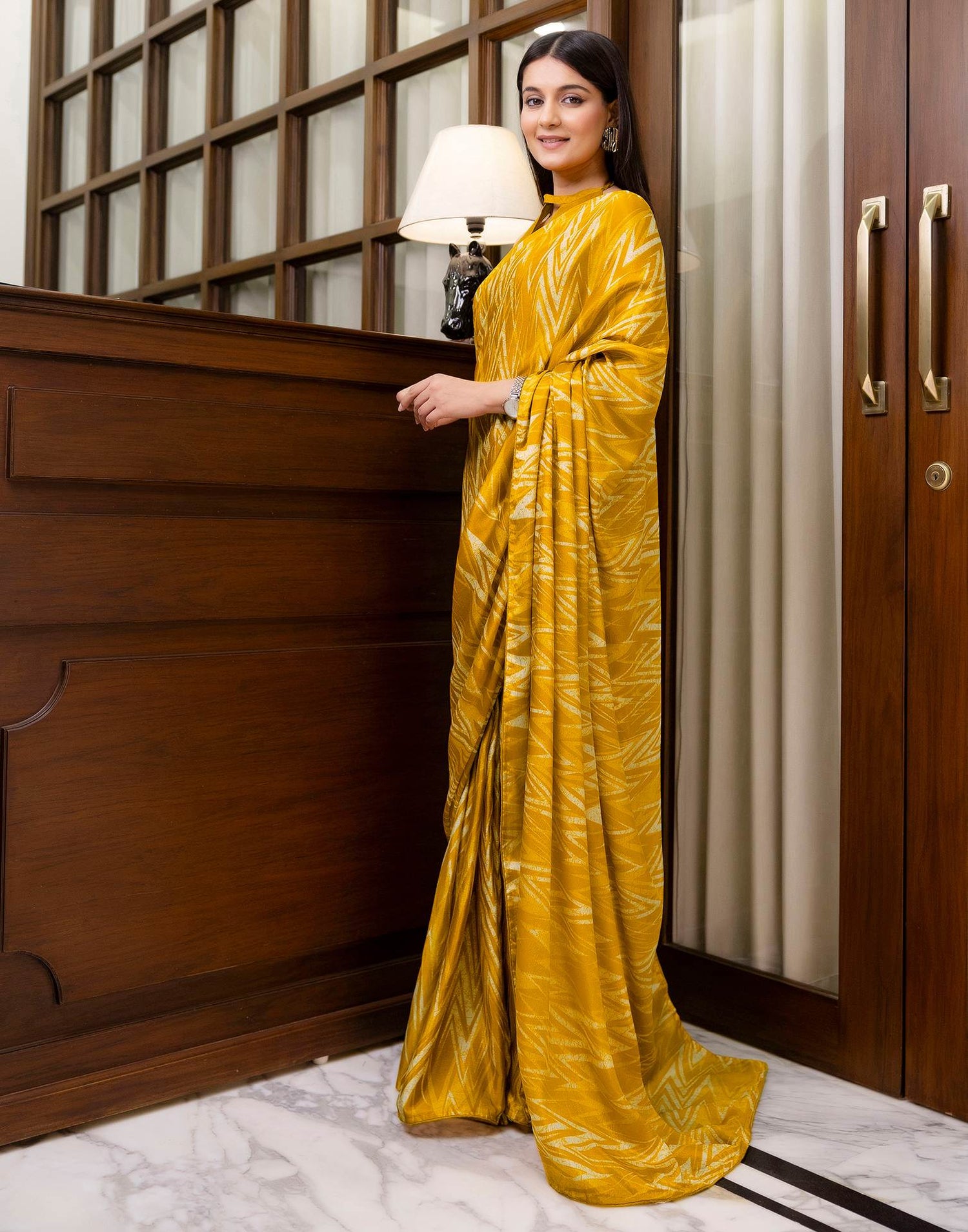 Ready To Wear Brown Yellow Chinnon Printed Saree