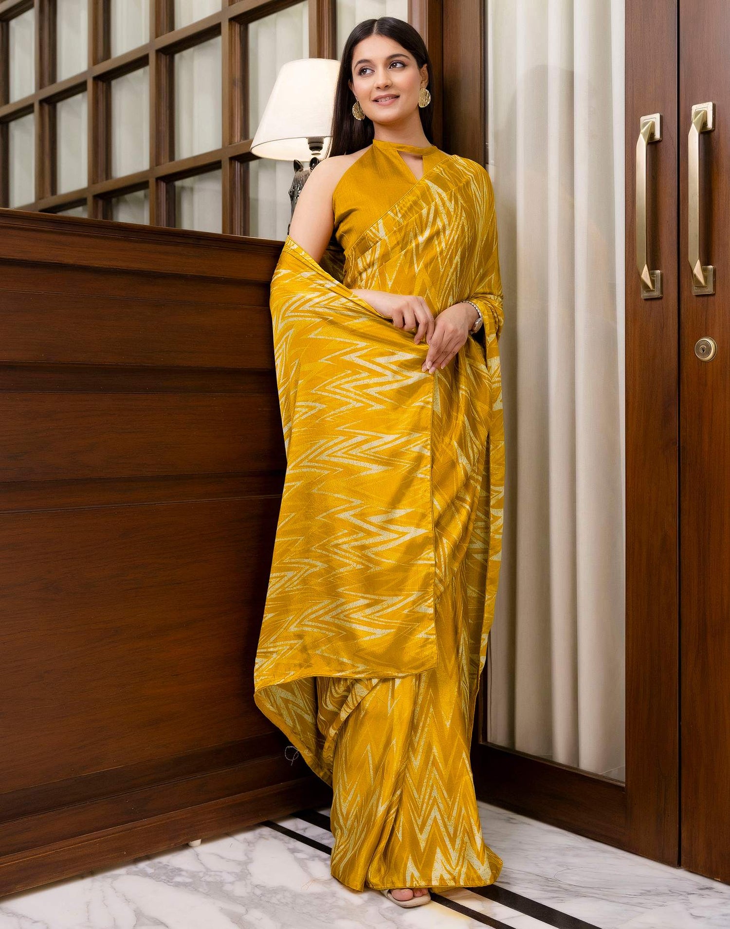 Ready To Wear Brown Yellow Chinnon Printed Saree