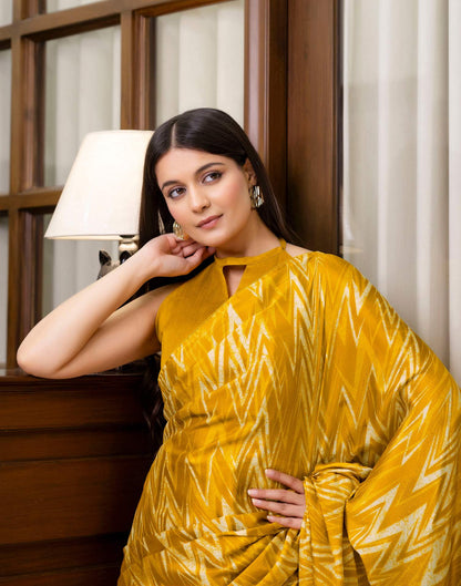 Ready To Wear Brown Yellow Chinnon Printed Saree