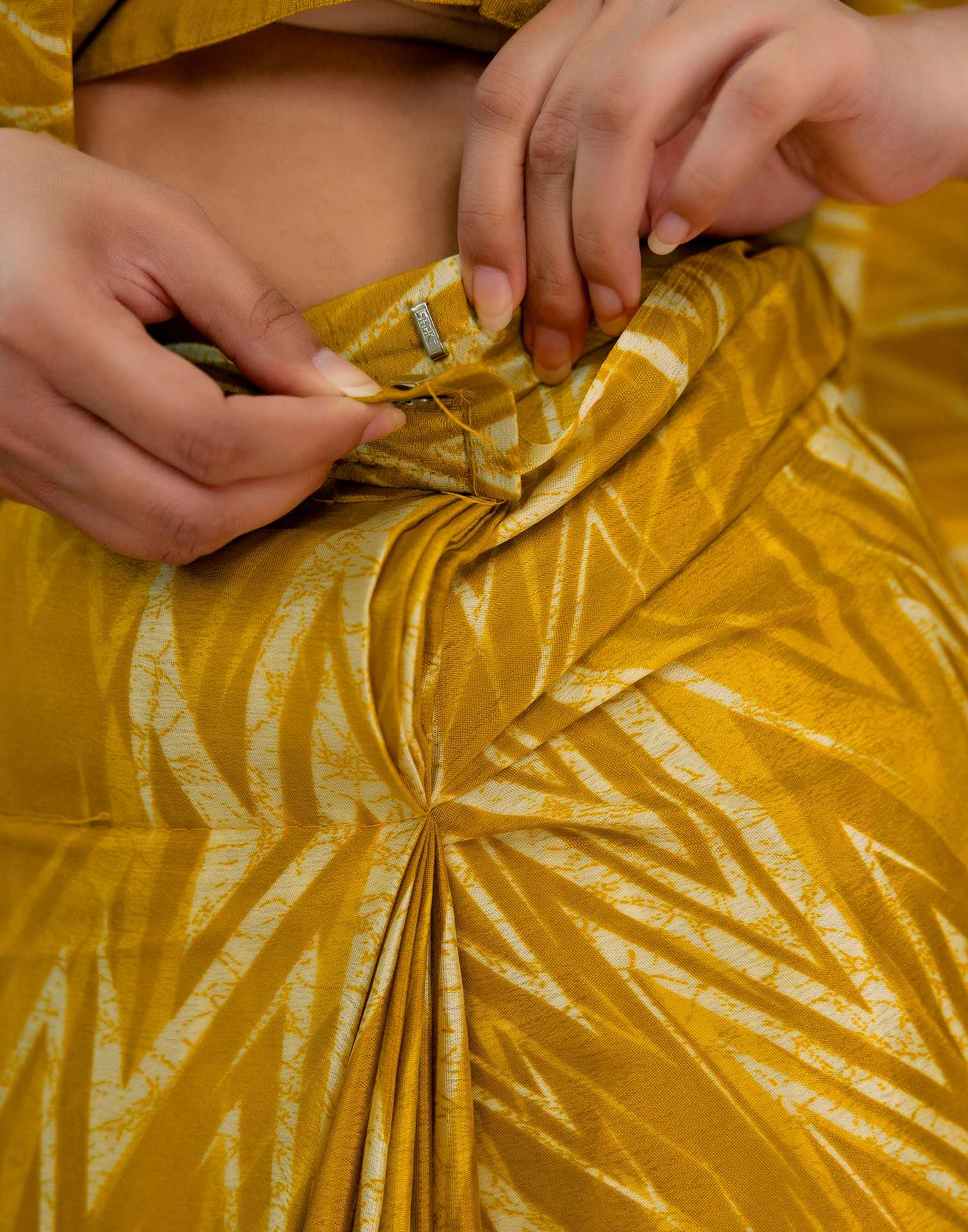 Ready To Wear Brown Yellow Chinnon Printed Saree