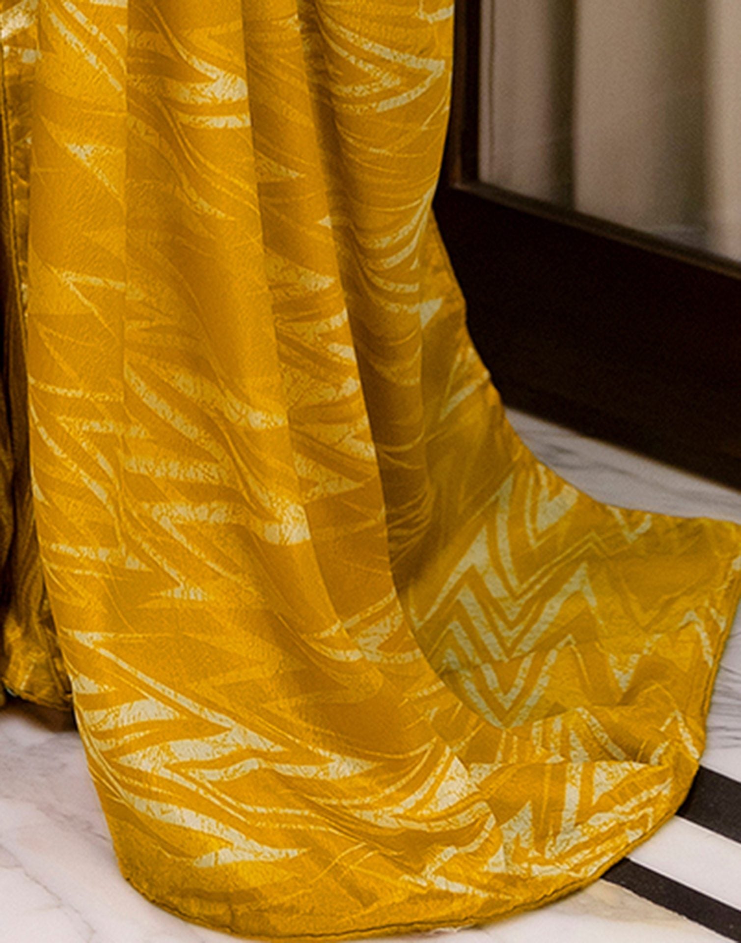 Ready To Wear Brown Yellow Chinnon Printed Saree