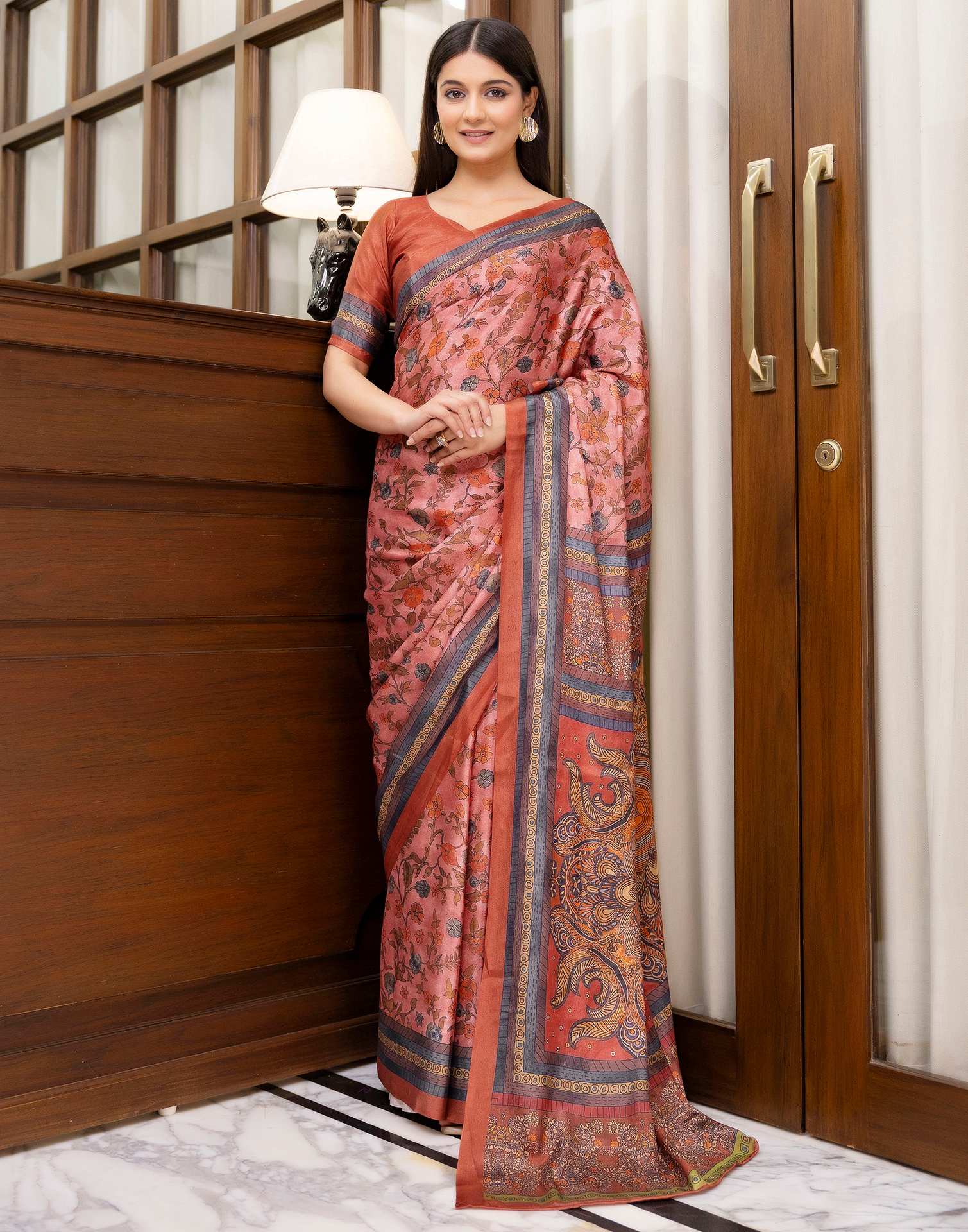 Ready To Wear Peach Chinnon Printed Saree