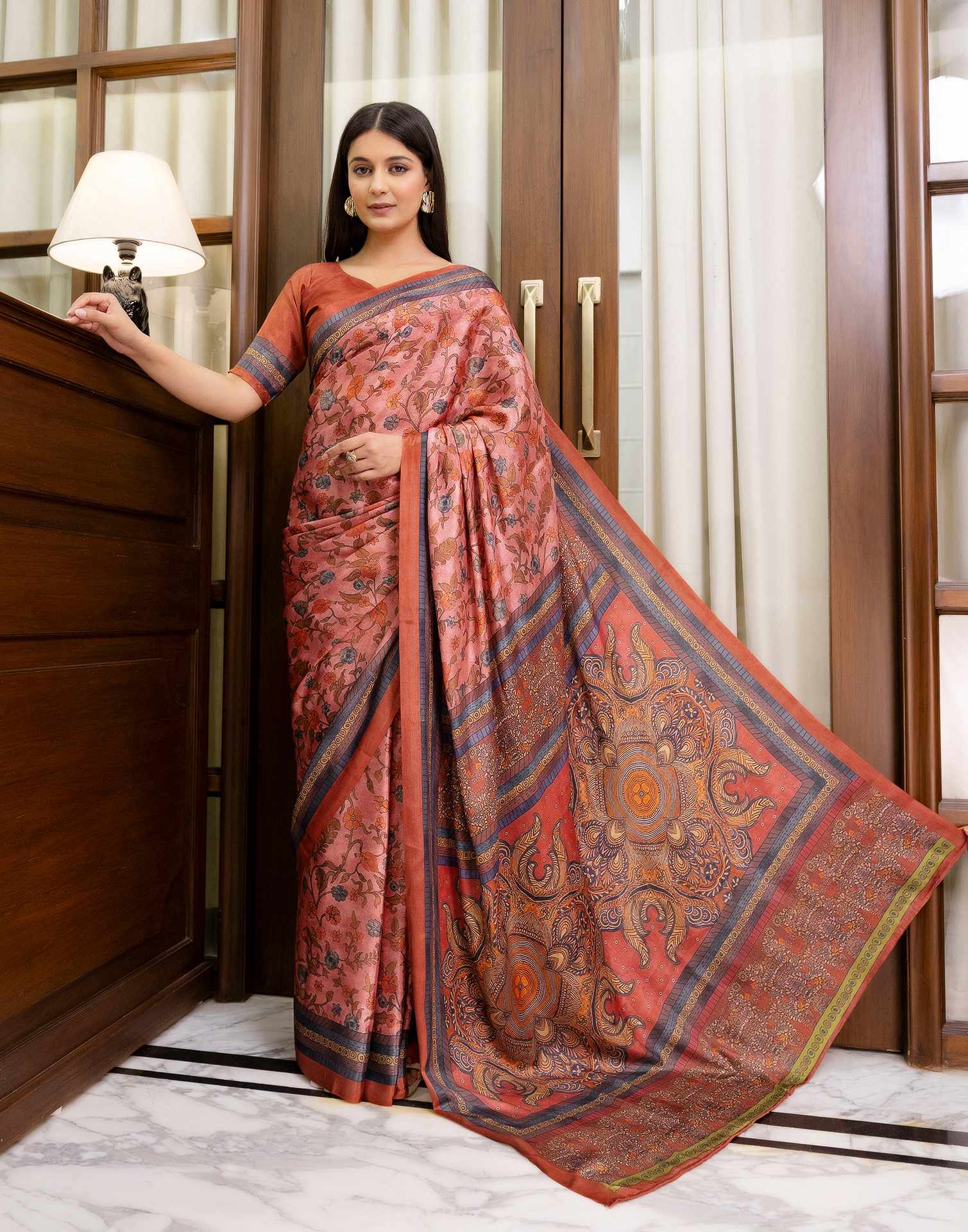 Ready To Wear Peach Chinnon Printed Saree