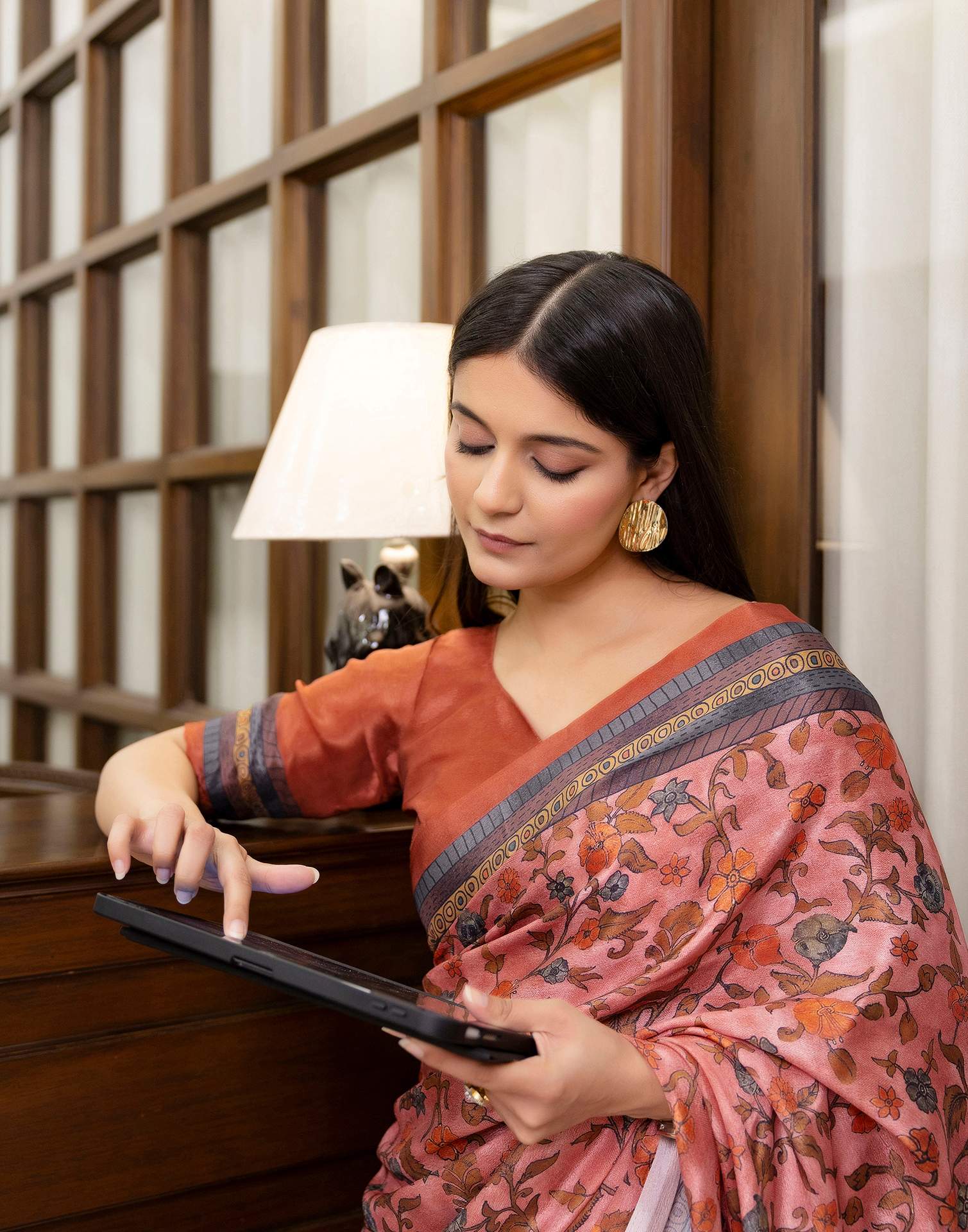 Ready To Wear Peach Chinnon Printed Saree