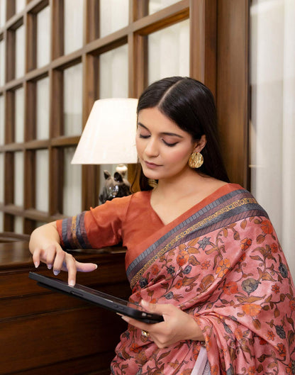 Ready To Wear Peach Chinnon Printed Saree