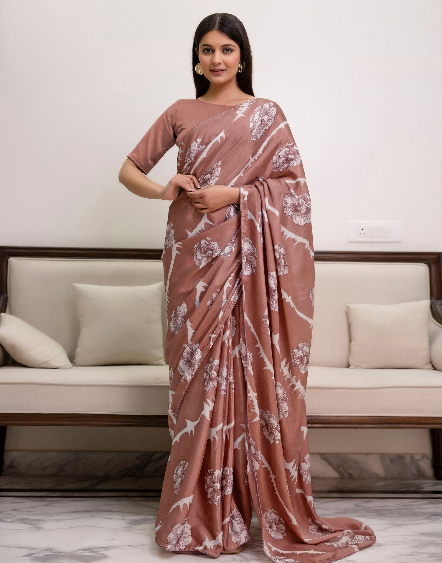 Ready To Wear Dusty Rose Pink Chinnon Floral Printed Saree