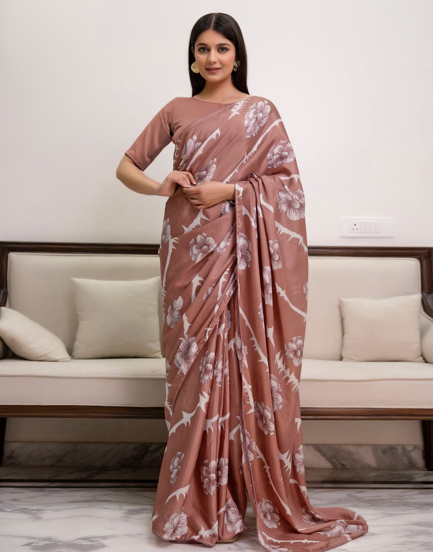 Ready To Wear Dusty Rose Pink Chinnon Floral Printed Saree