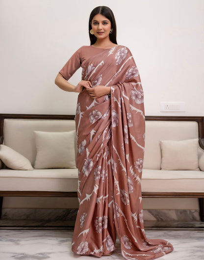 Ready To Wear Dusty Rose Pink Chinnon Floral Printed Saree