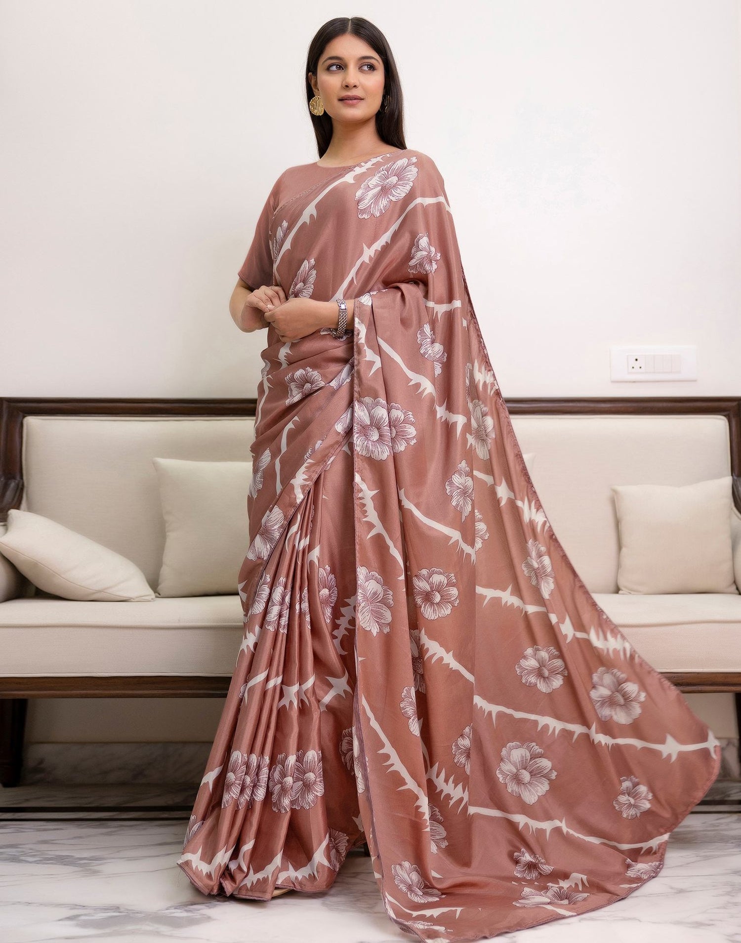 Ready To Wear Dusty Rose Pink Chinnon Floral Printed Saree