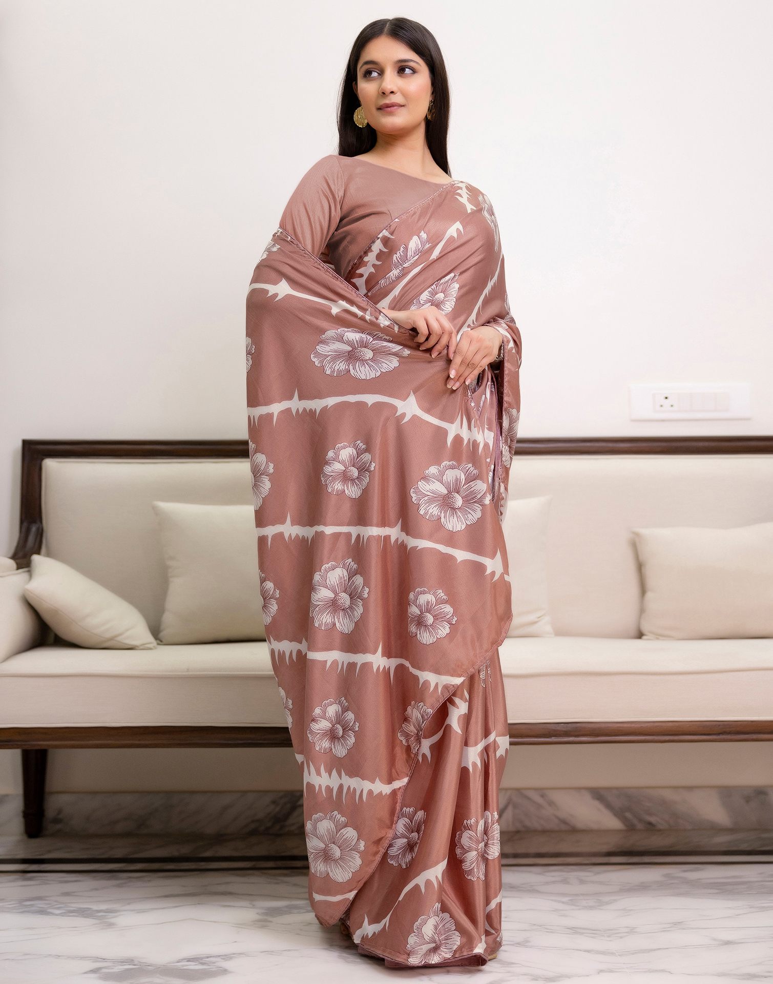 Ready To Wear Dusty Rose Pink Chinnon Floral Printed Saree