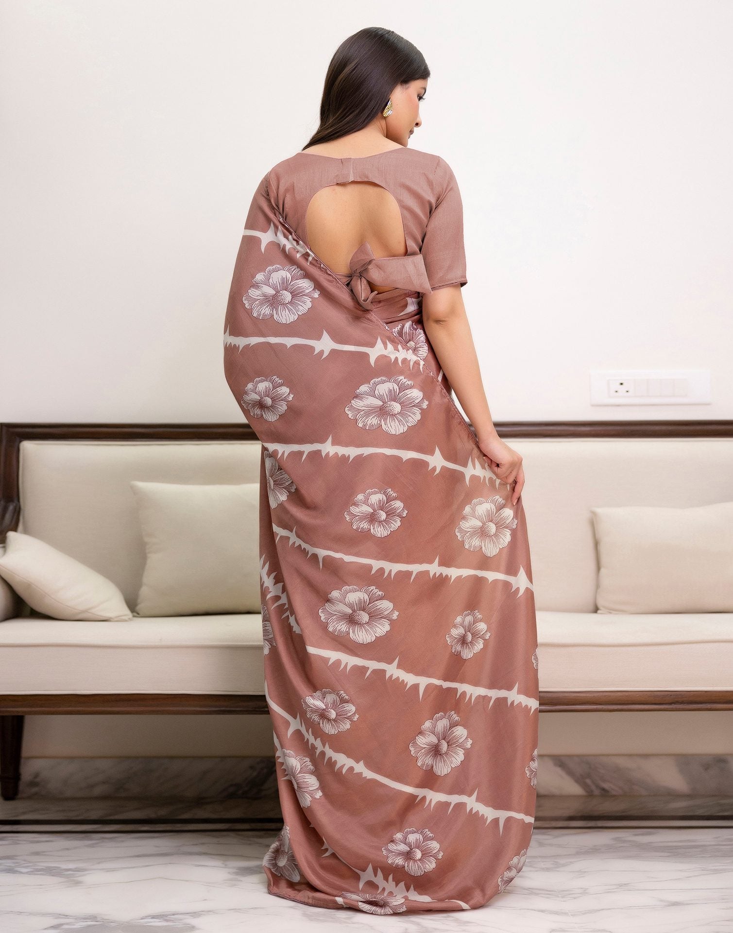 Ready To Wear Dusty Rose Pink Chinnon Floral Printed Saree