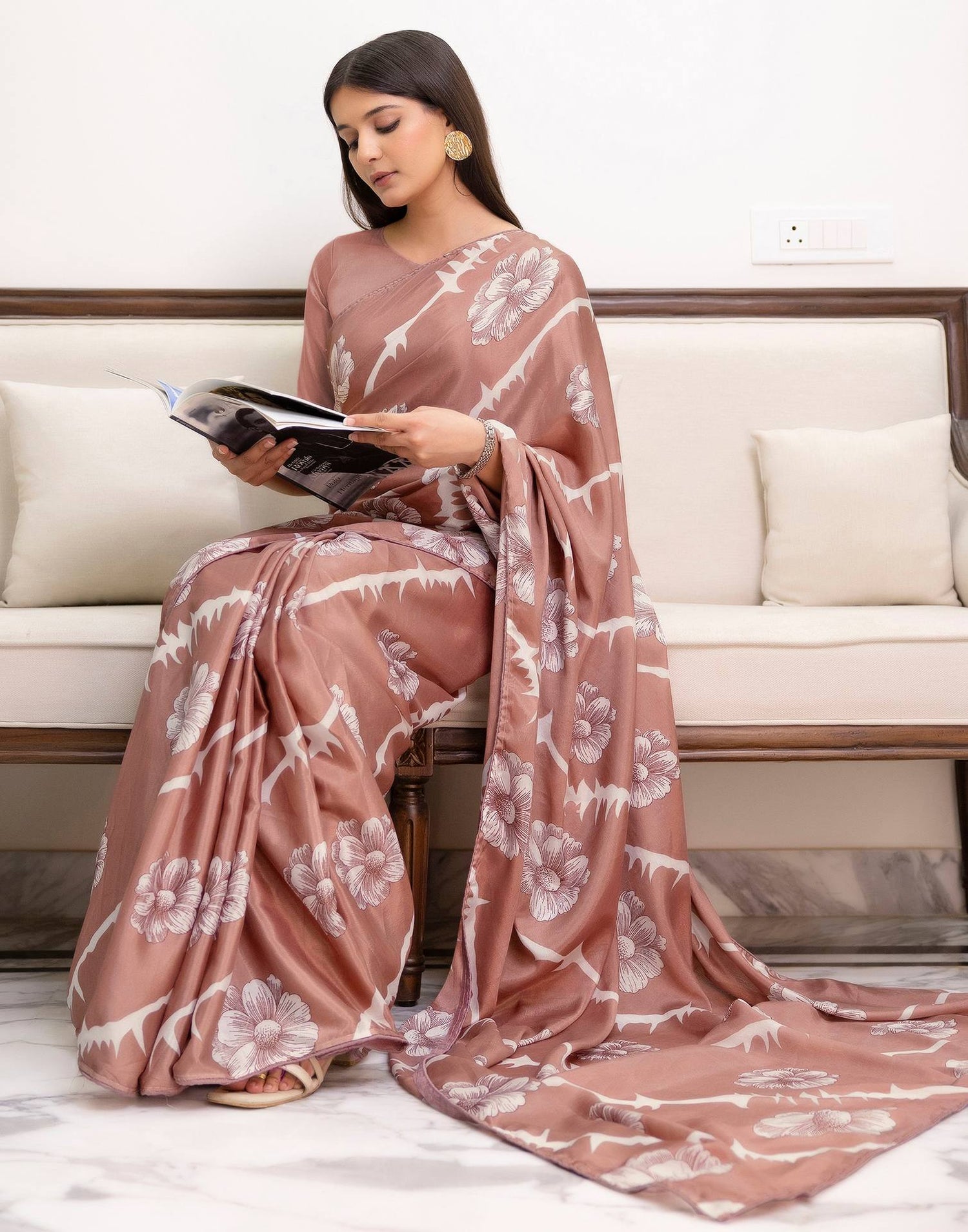 Ready To Wear Dusty Rose Pink Chinnon Floral Printed Saree