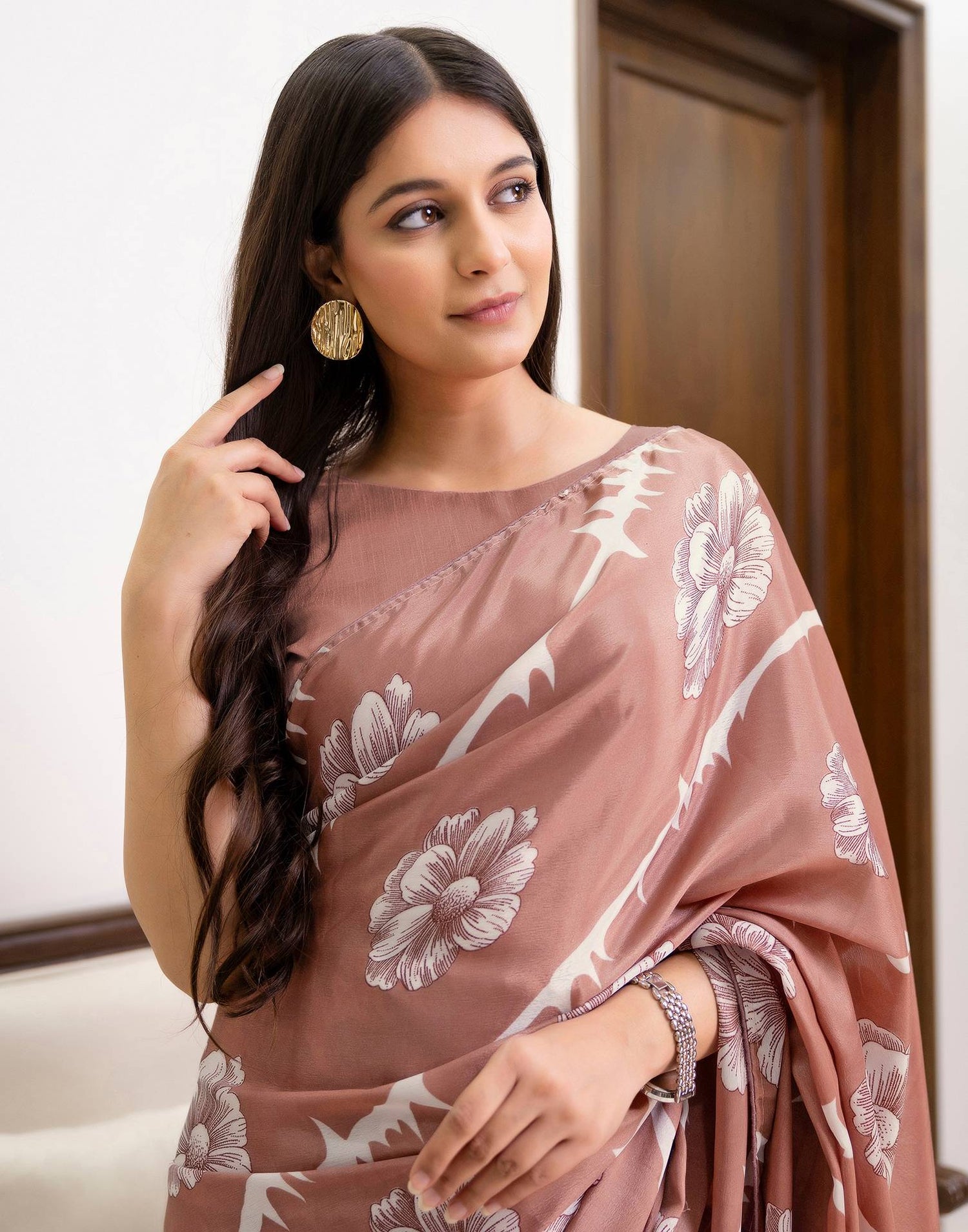 Ready To Wear Dusty Rose Pink Chinnon Floral Printed Saree