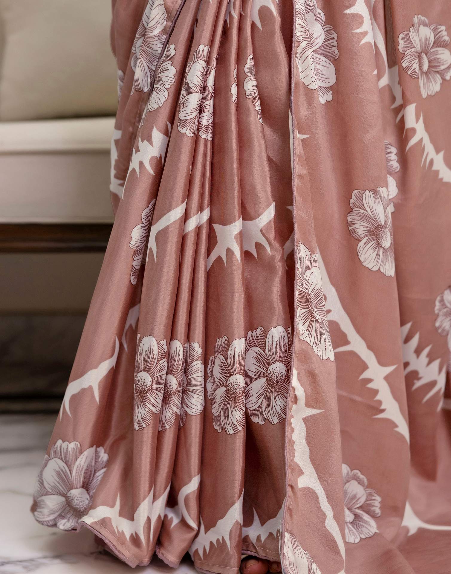 Ready To Wear Dusty Rose Pink Chinnon Floral Printed Saree