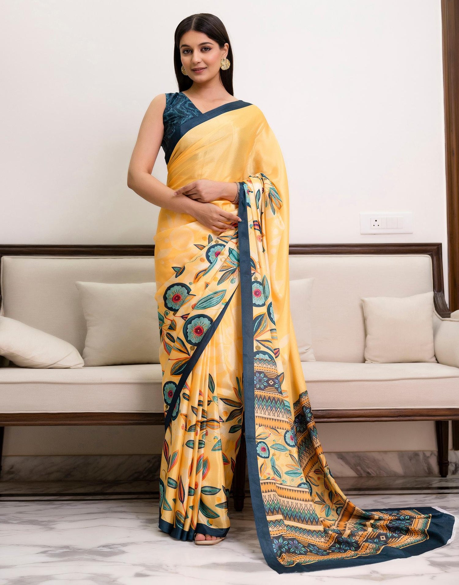 Ready To Wear Light Yellow Chinnon Printed Saree