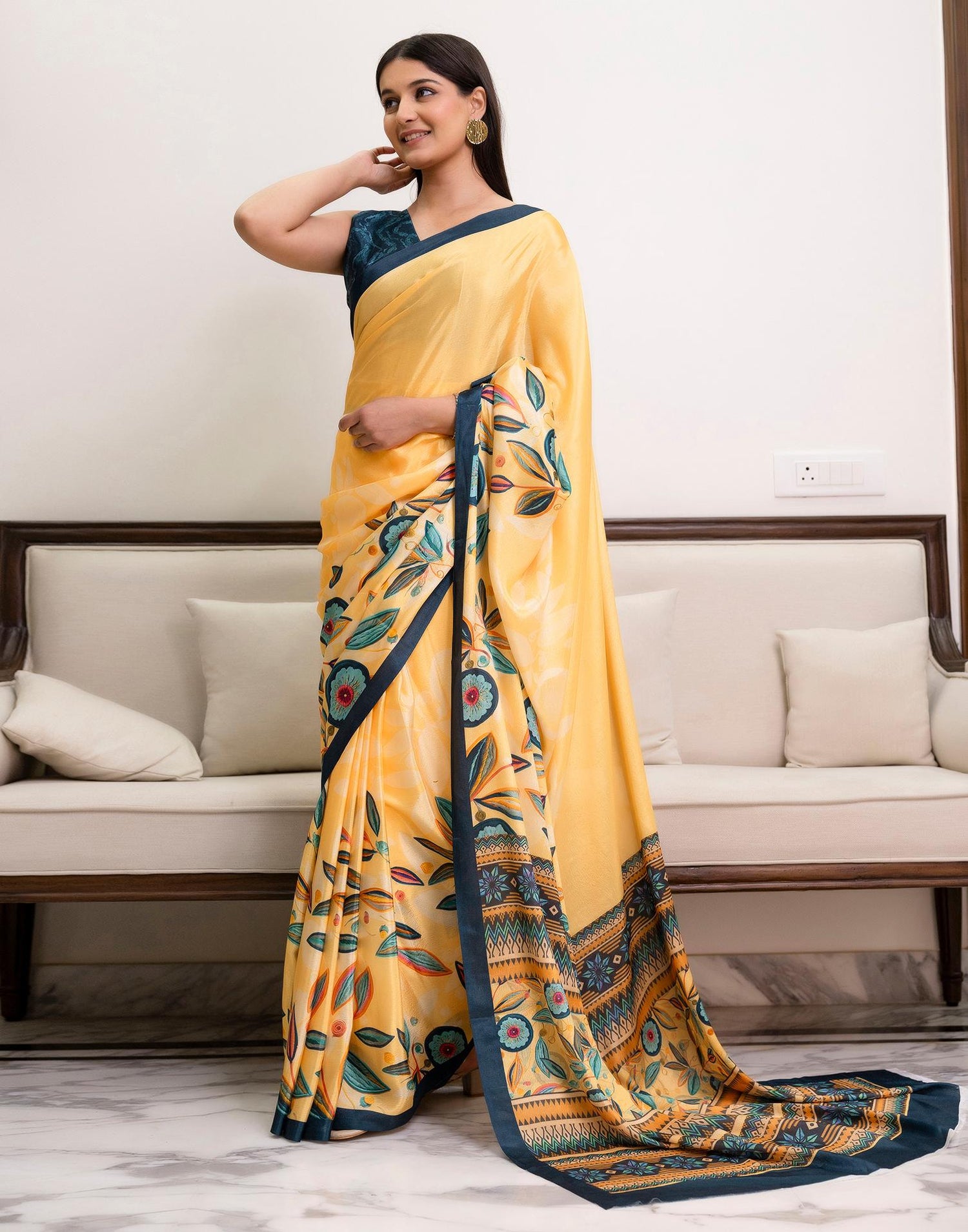Ready To Wear Light Yellow Chinnon Printed Saree