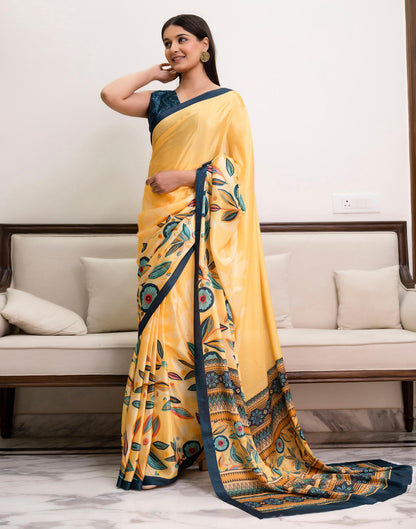 Ready To Wear Light Yellow Chinnon Printed Saree