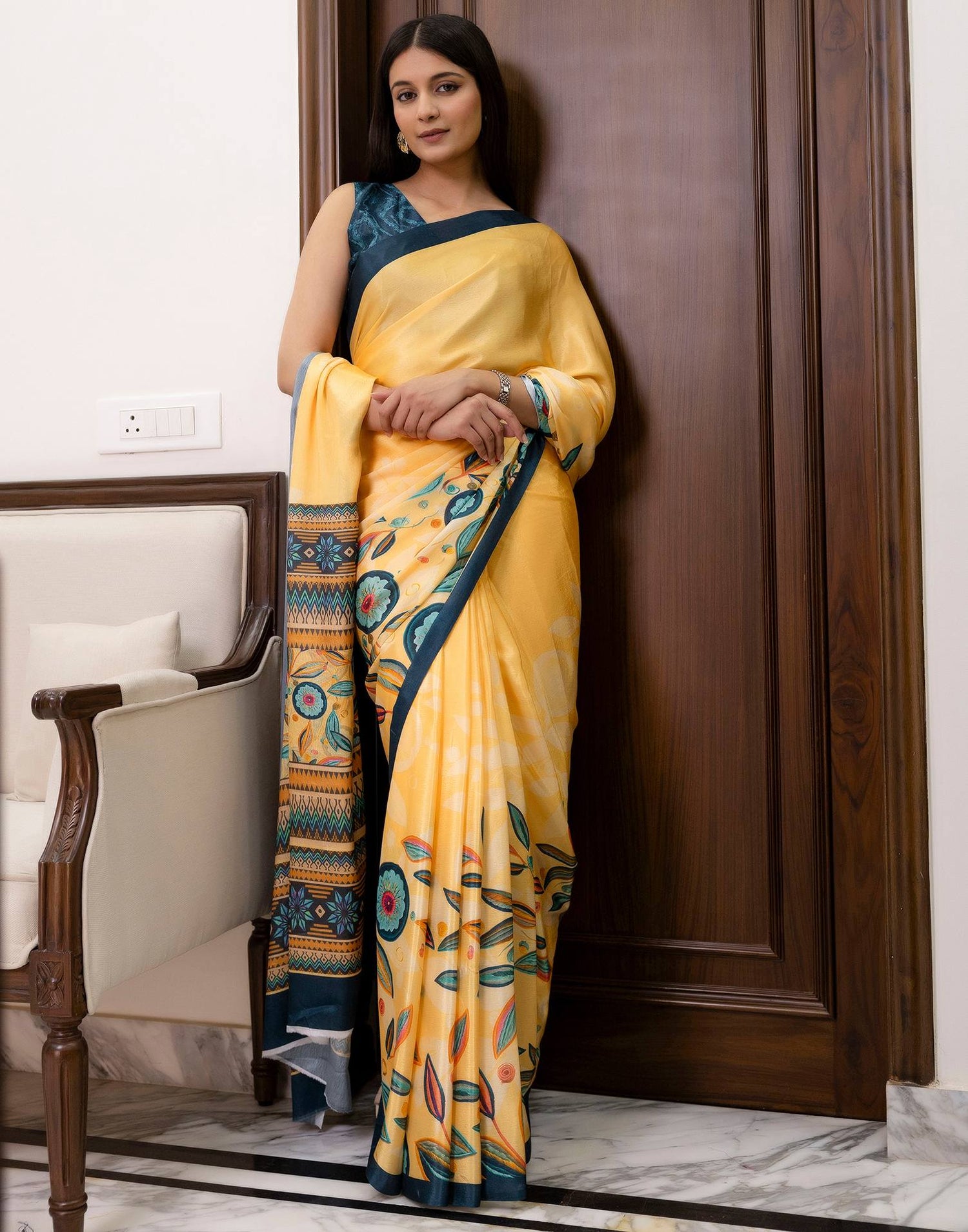 Ready To Wear Light Yellow Chinnon Printed Saree