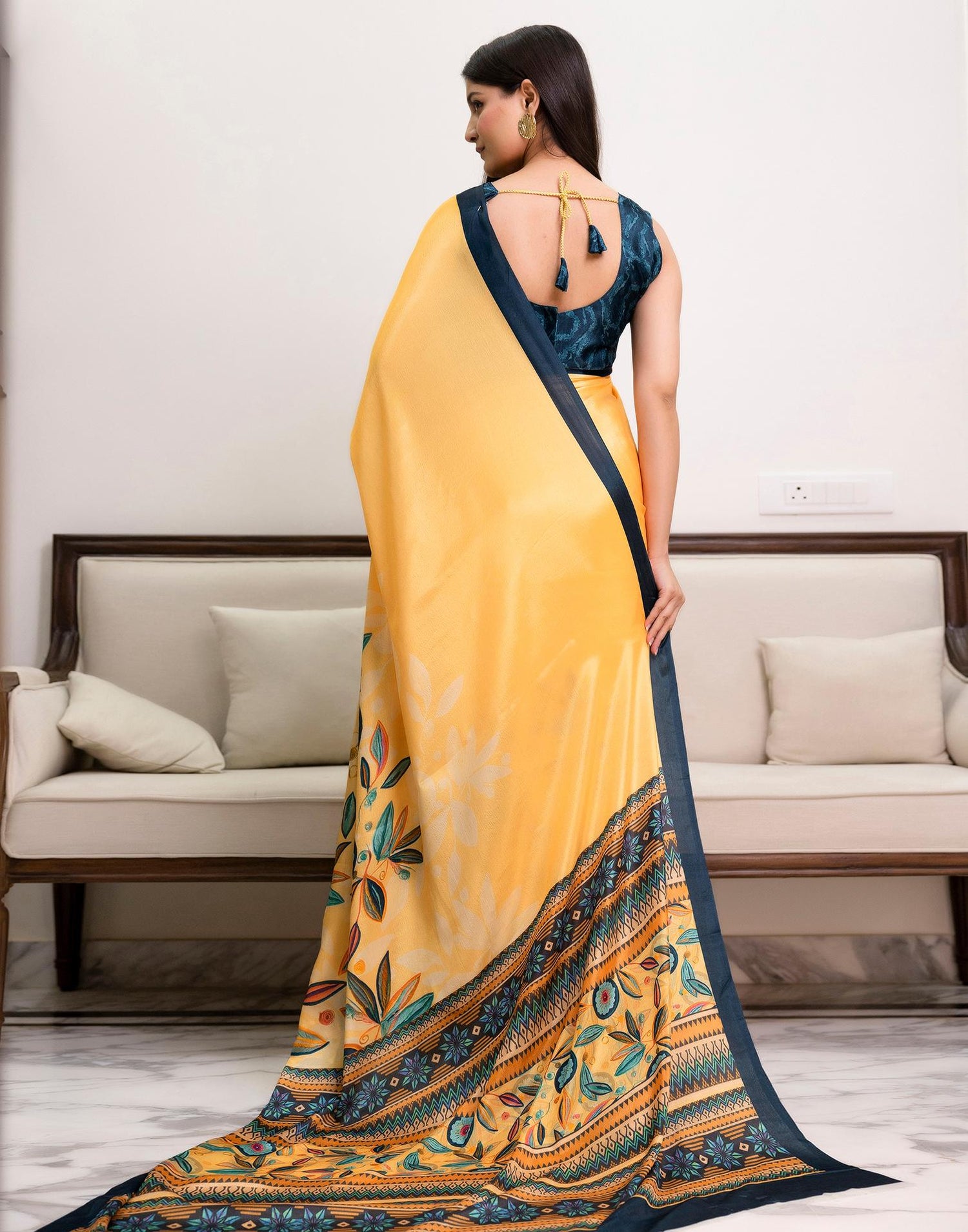 Ready To Wear Light Yellow Chinnon Printed Saree