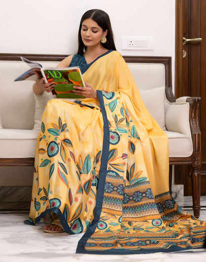 Ready To Wear Light Yellow Chinnon Printed Saree