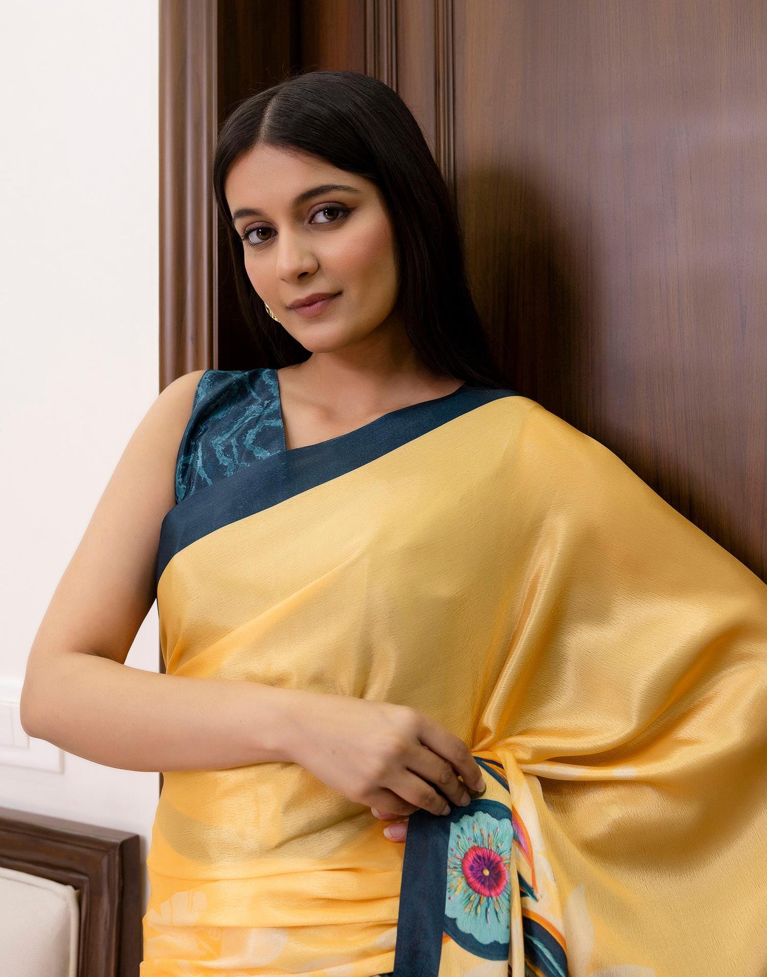 Ready To Wear Light Yellow Chinnon Printed Saree