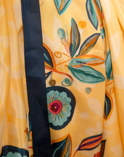 Ready To Wear Light Yellow Chinnon Printed Saree
