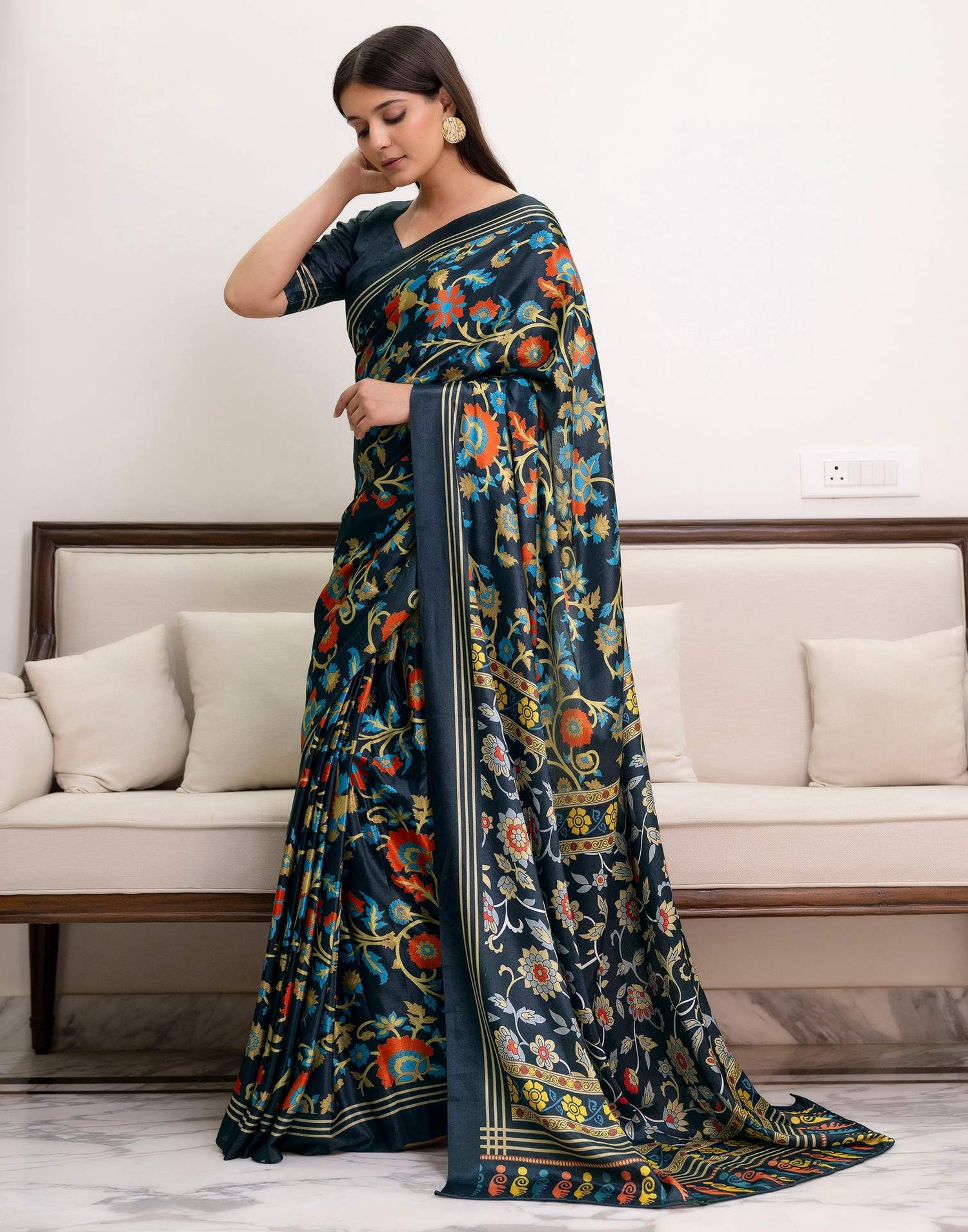 Ready To Wear Dark Grey Chinnon Printed Saree