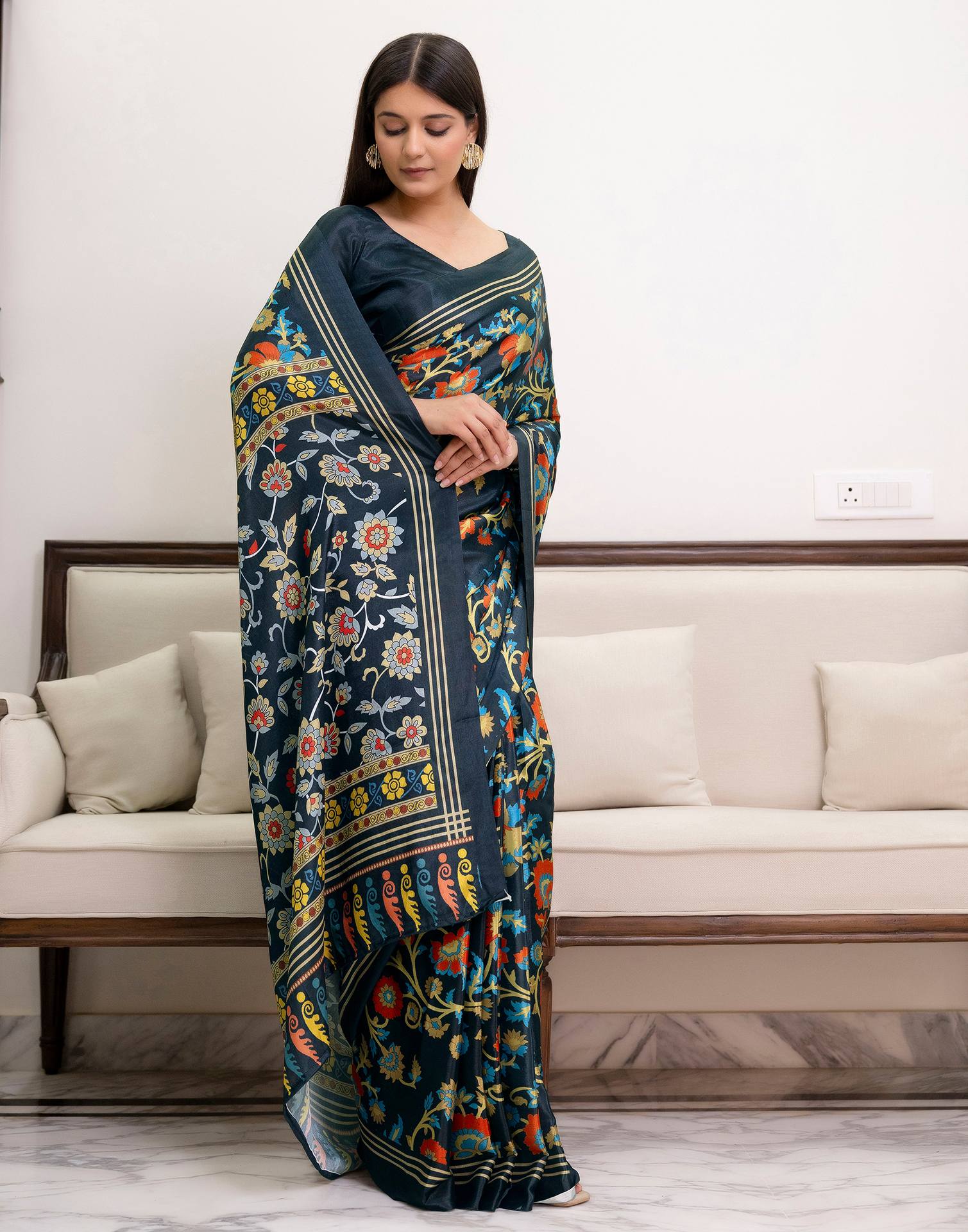 Ready To Wear Dark Grey Chinnon Printed Saree