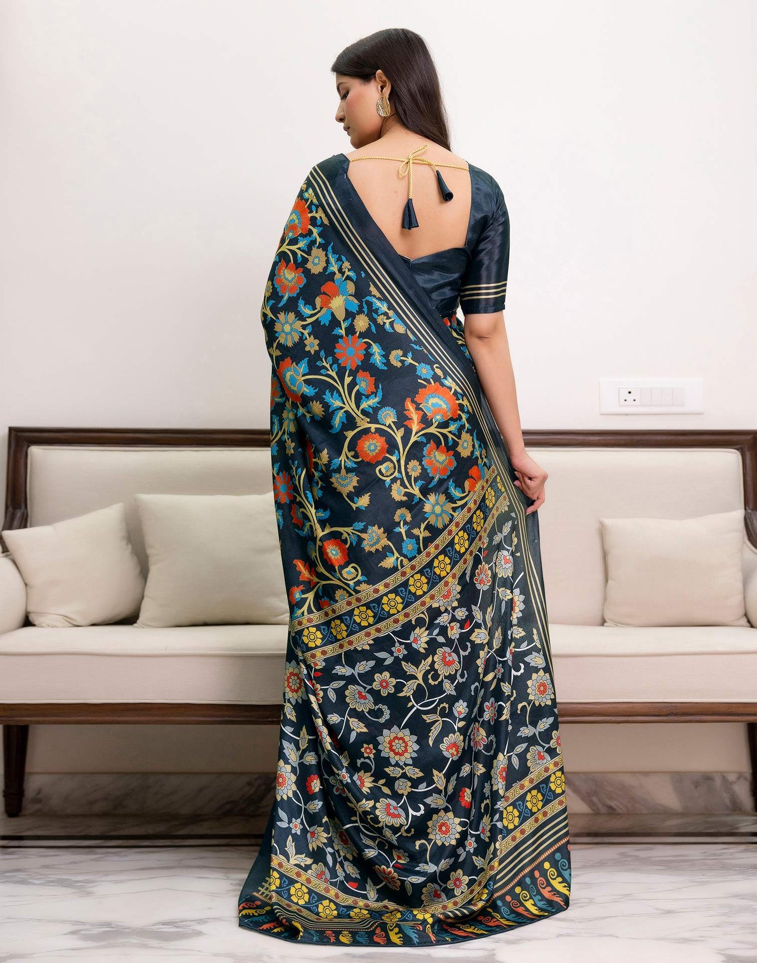 Ready To Wear Dark Grey Chinnon Printed Saree
