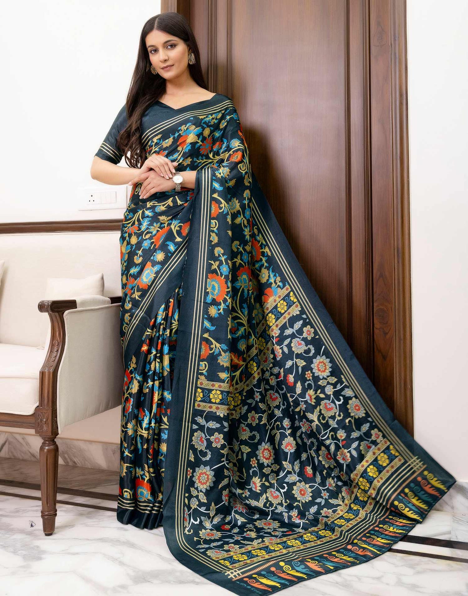 Ready To Wear Dark Grey Chinnon Printed Saree