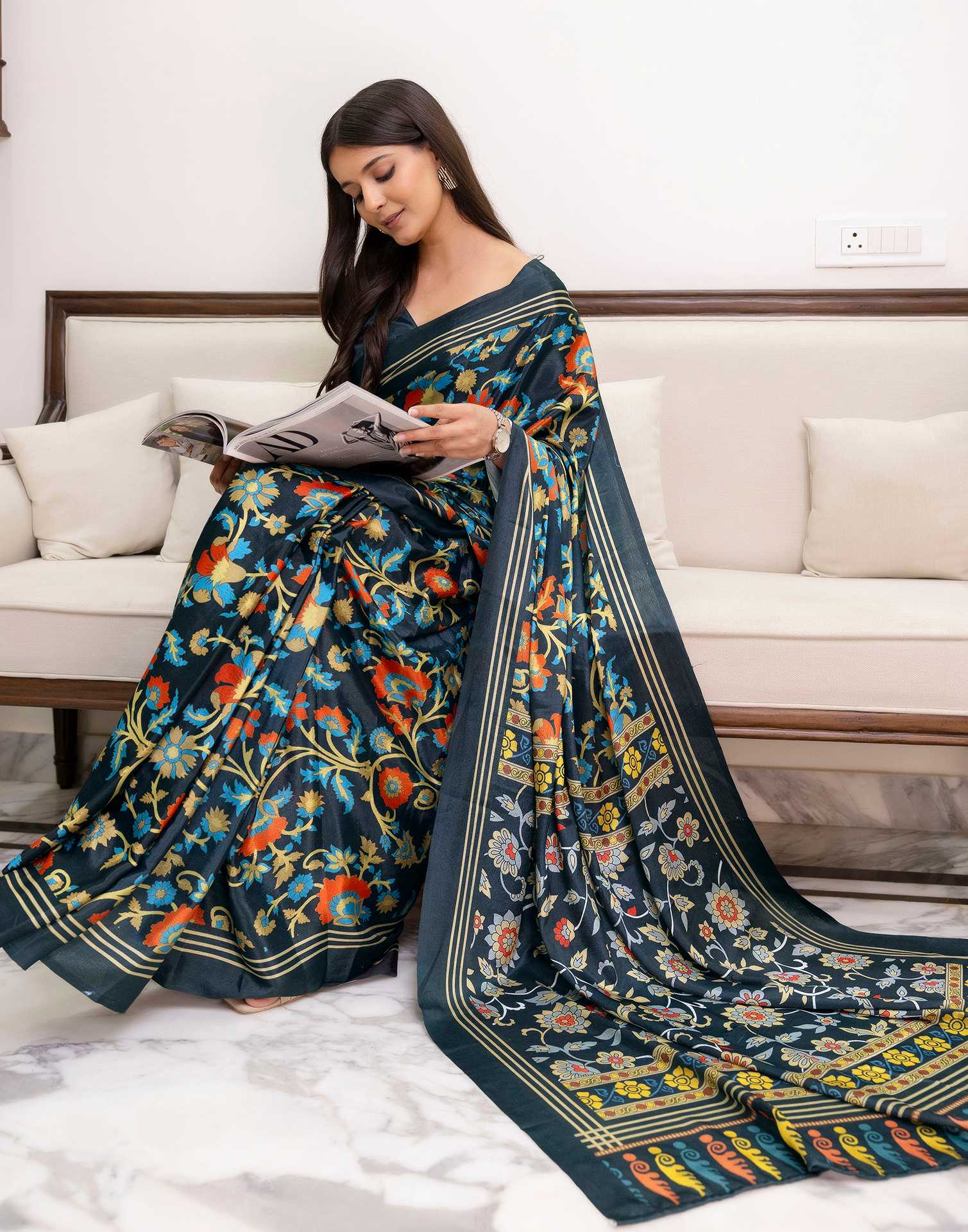 Ready To Wear Dark Grey Chinnon Printed Saree