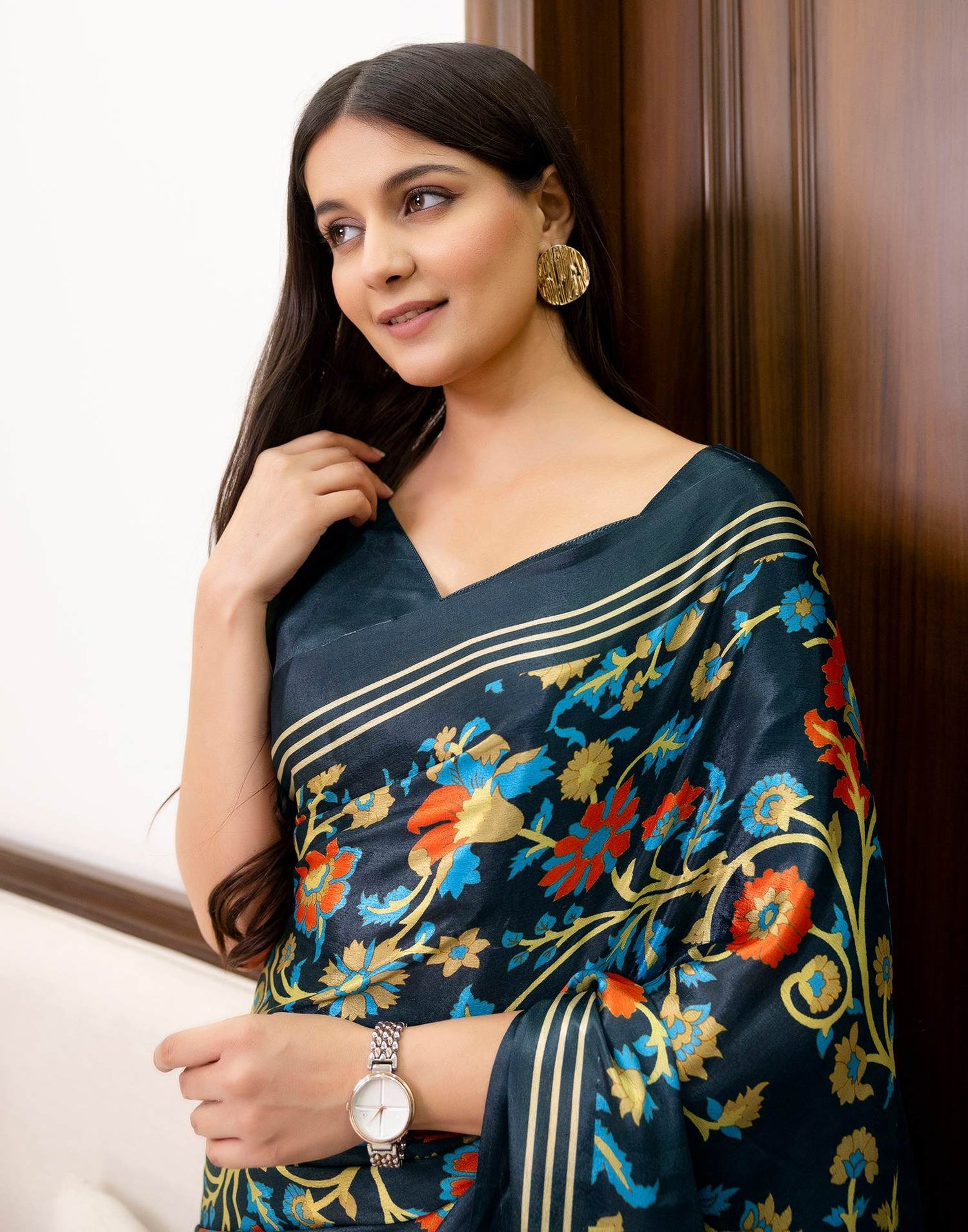 Ready To Wear Dark Grey Chinnon Printed Saree