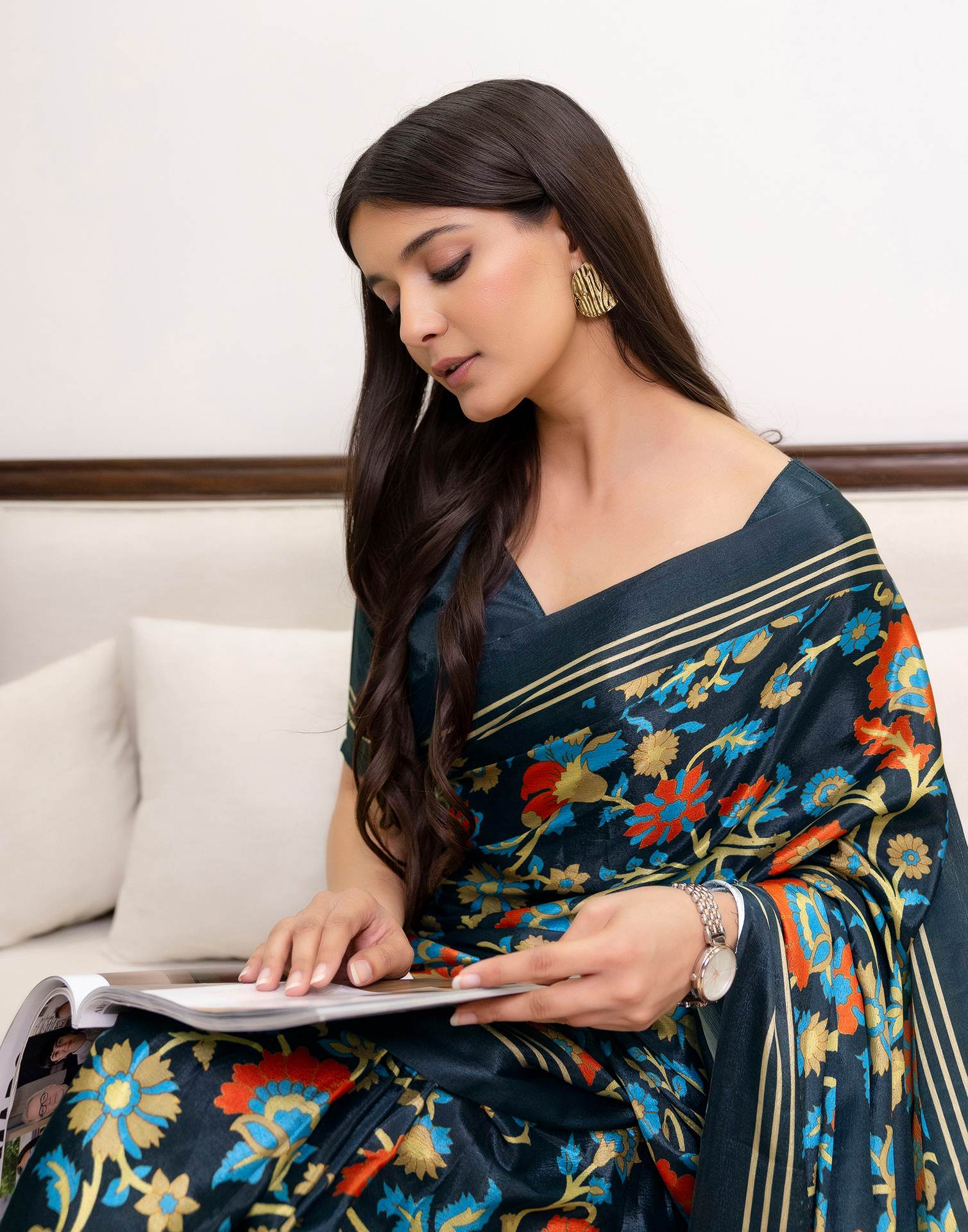 Ready To Wear Dark Grey Chinnon Printed Saree
