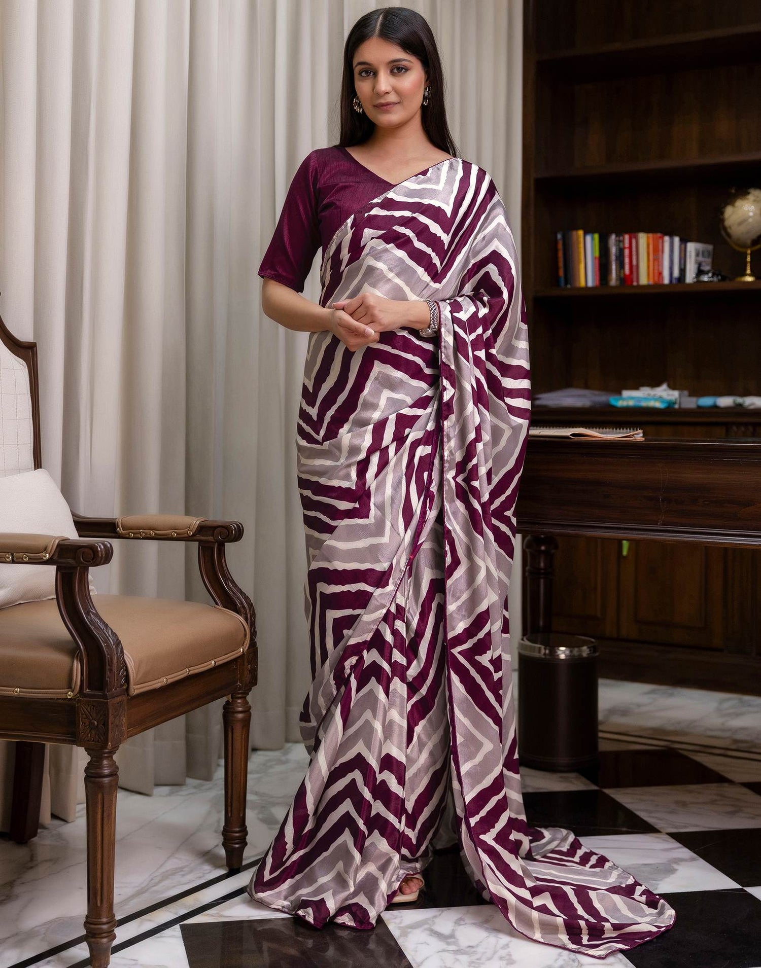 Ready To Wear Purple Chinnon Printed Saree