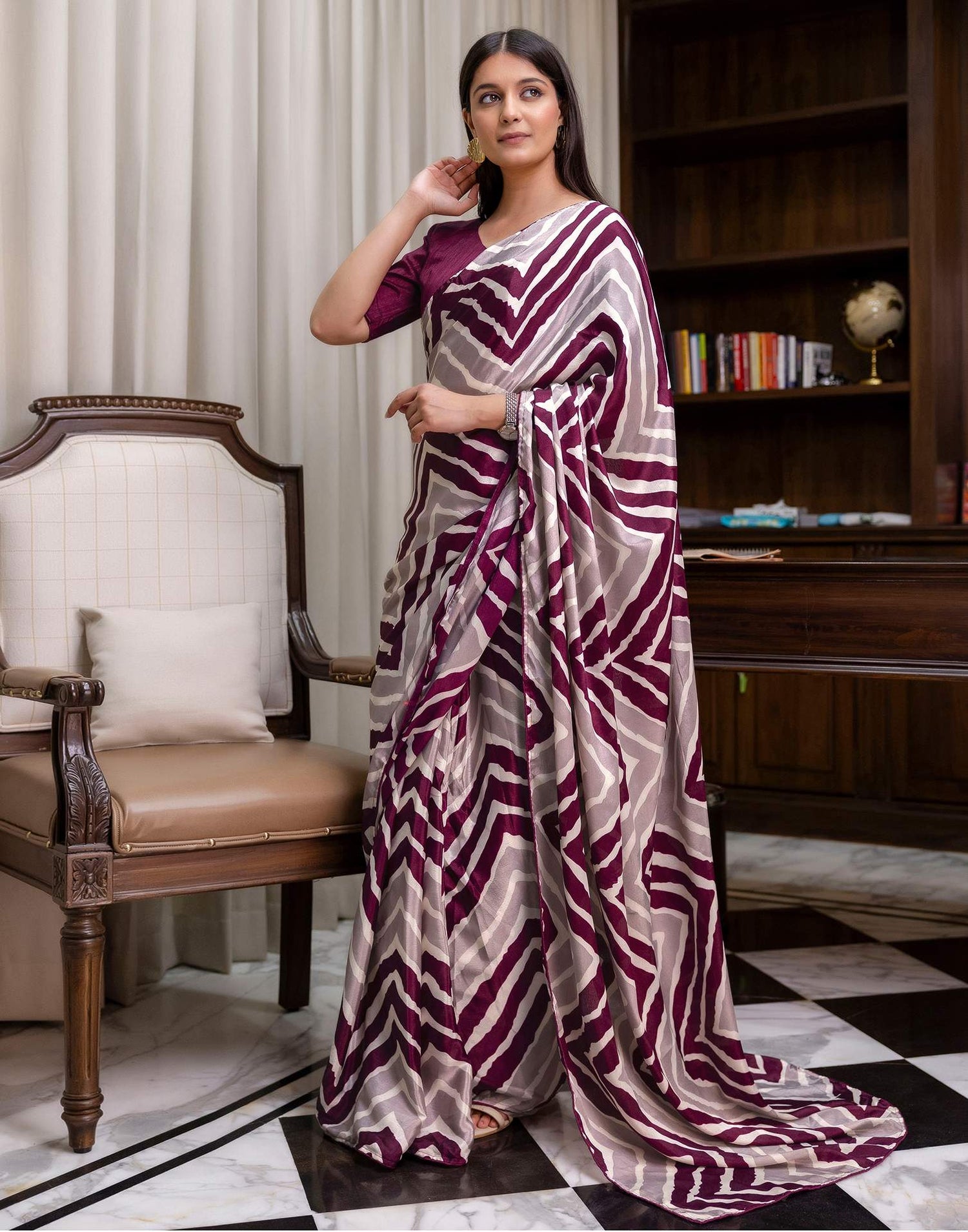 Ready To Wear Purple Chinnon Printed Saree