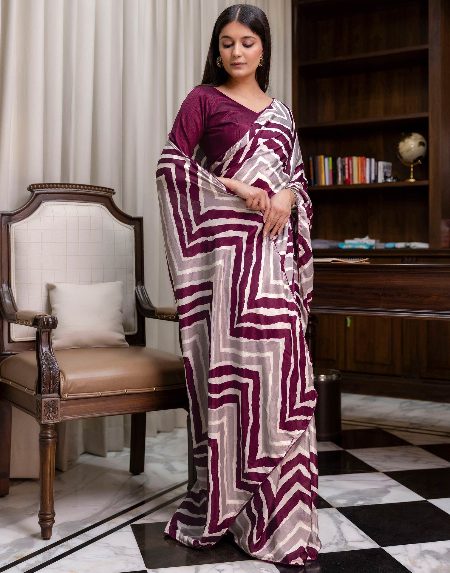 Ready To Wear Purple Chinnon Printed Saree