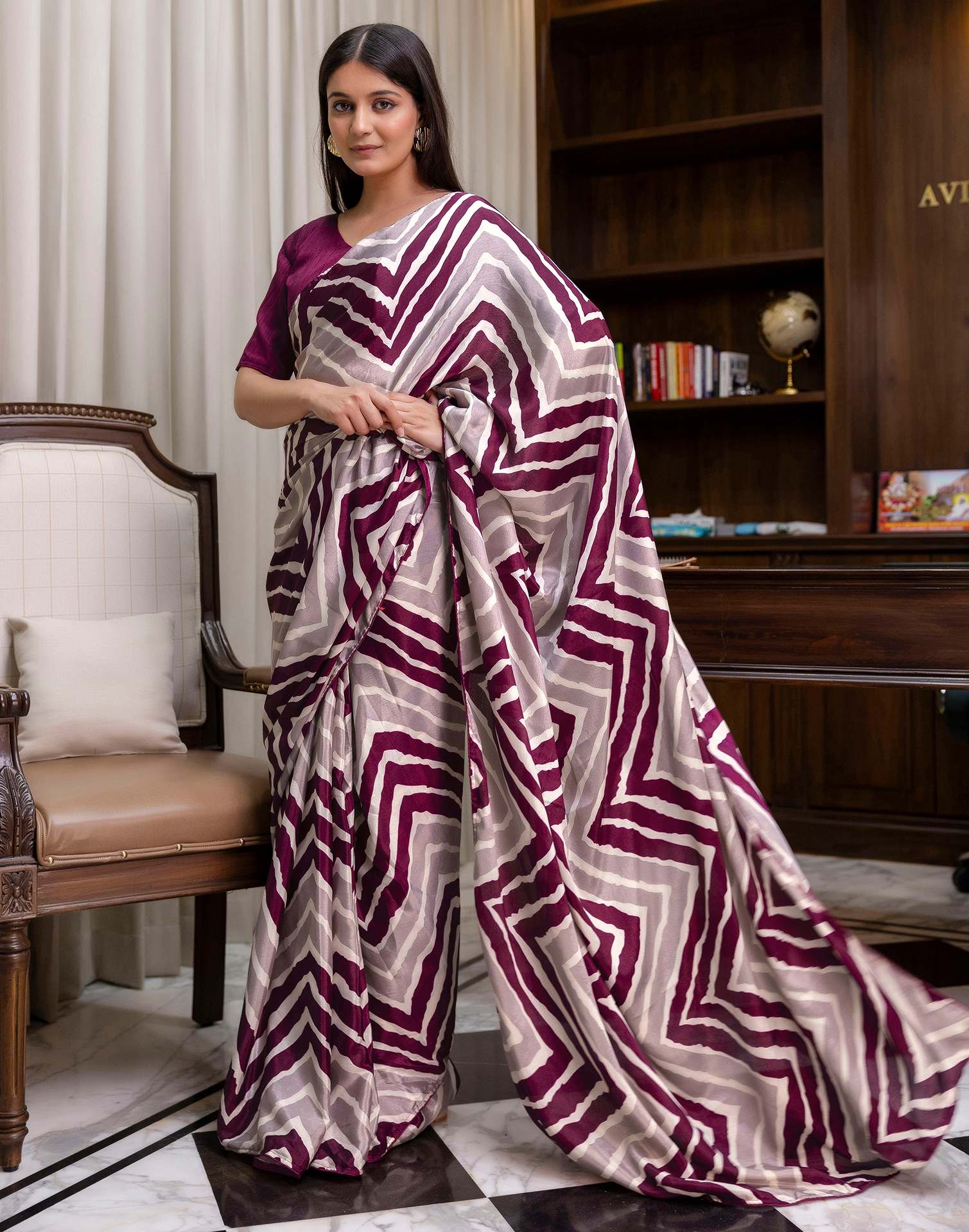 Ready To Wear Purple Chinnon Printed Saree