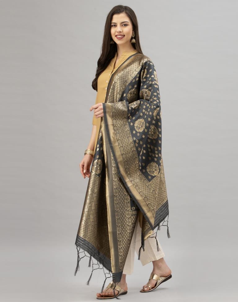 Sleek Anchor Grey Coloured Poly Silk Jacquard Dupatta | Sudathi