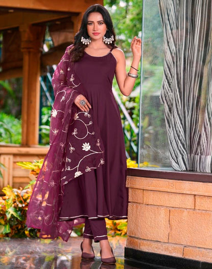 Wine Cotton Plain Flared Kurta Set