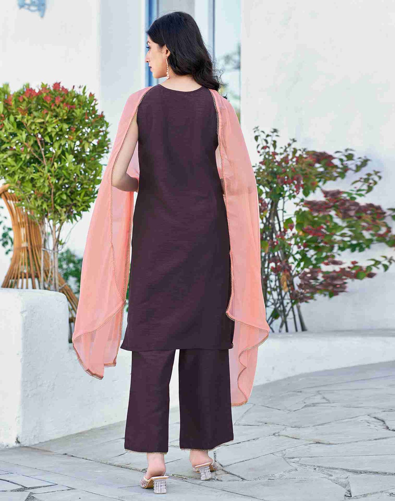 Dusty Purple Embroidery Silk Straight Kurta With Pant And Dupatta