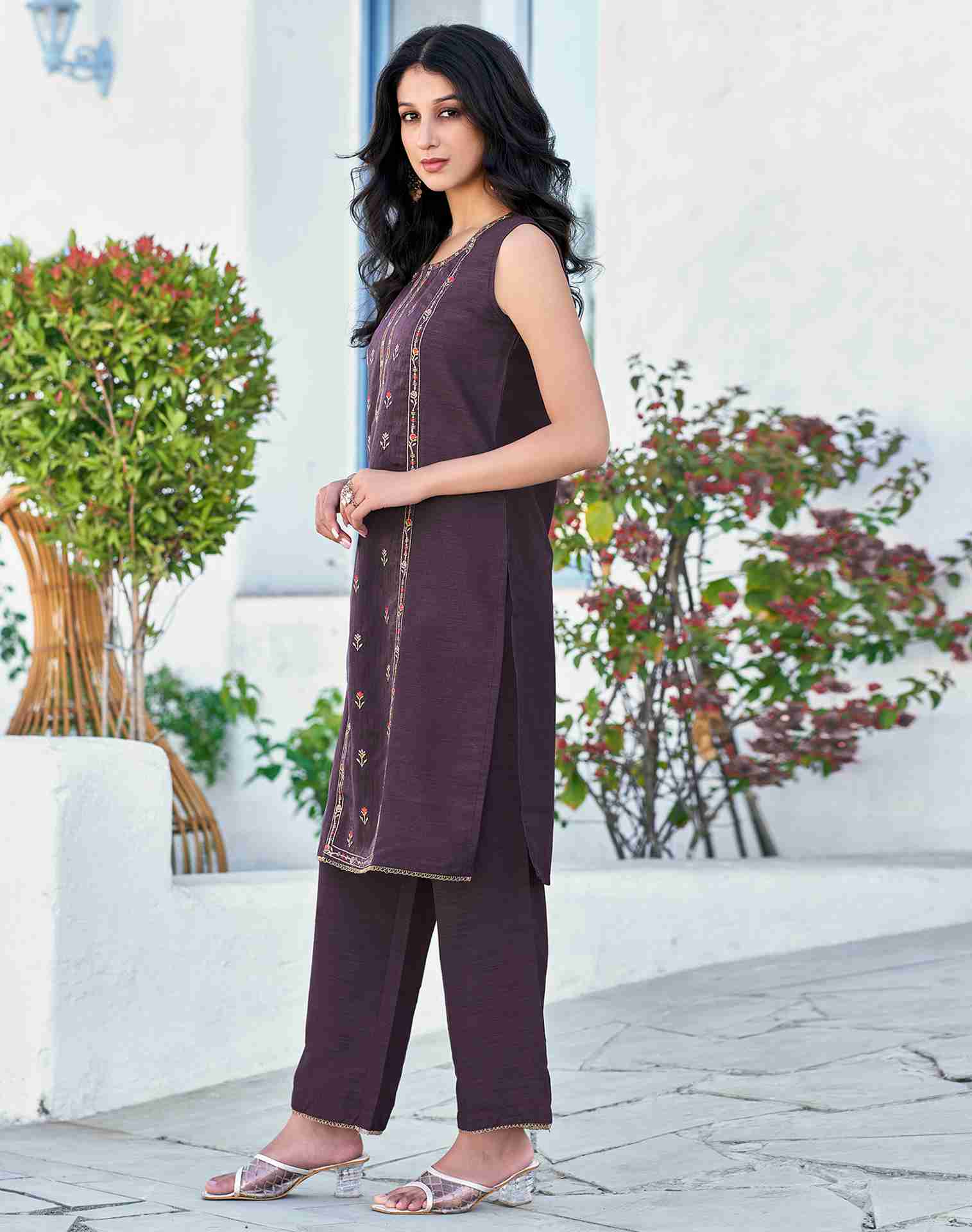 Dusty Purple Embroidery Silk Straight Kurta With Pant And Dupatta