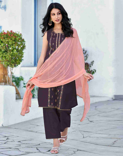 Dusty Purple Embroidery Silk Straight Kurta With Pant And Dupatta