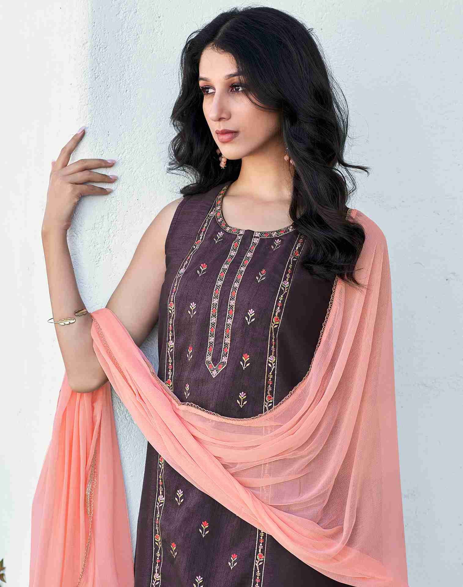 Dusty Purple Embroidery Silk Straight Kurta With Pant And Dupatta