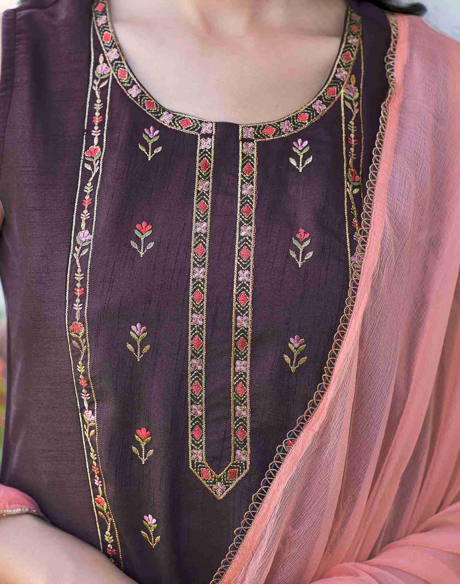 Dusty Purple Embroidery Silk Straight Kurta With Pant And Dupatta