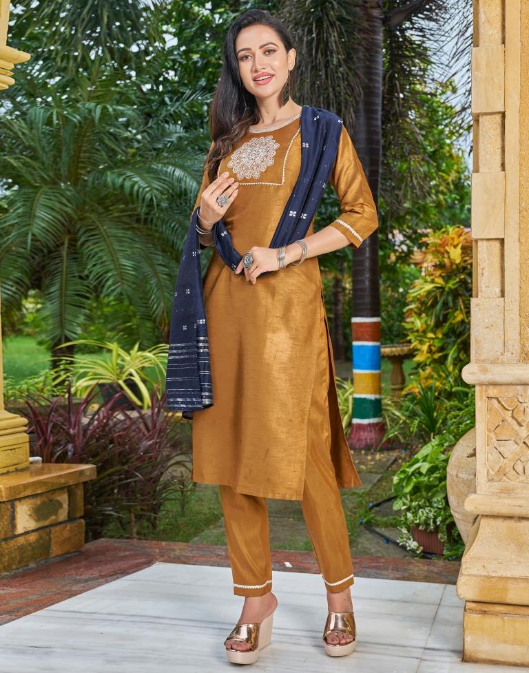 Mustard Embroidery Silk Straight Kurta With Pant And Dupatta