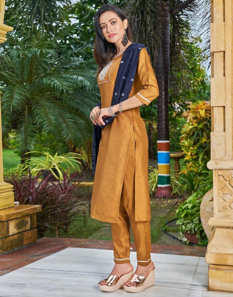 Mustard Embroidery Silk Straight Kurta With Pant And Dupatta